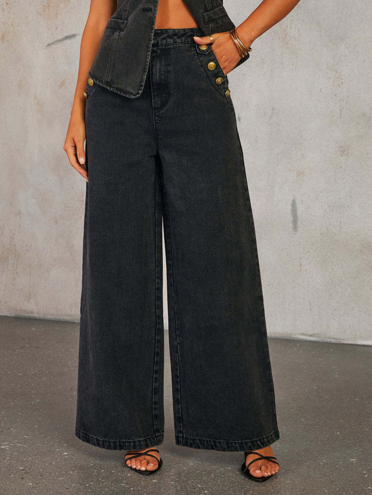 Denim Button Sleeveless Vest & Wide Leg Jeans 2Pcs Set