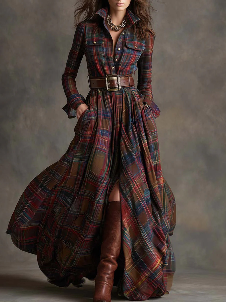 Casual Long Sleeve Button Pocket Plaid Print Shirt Maxi Dress