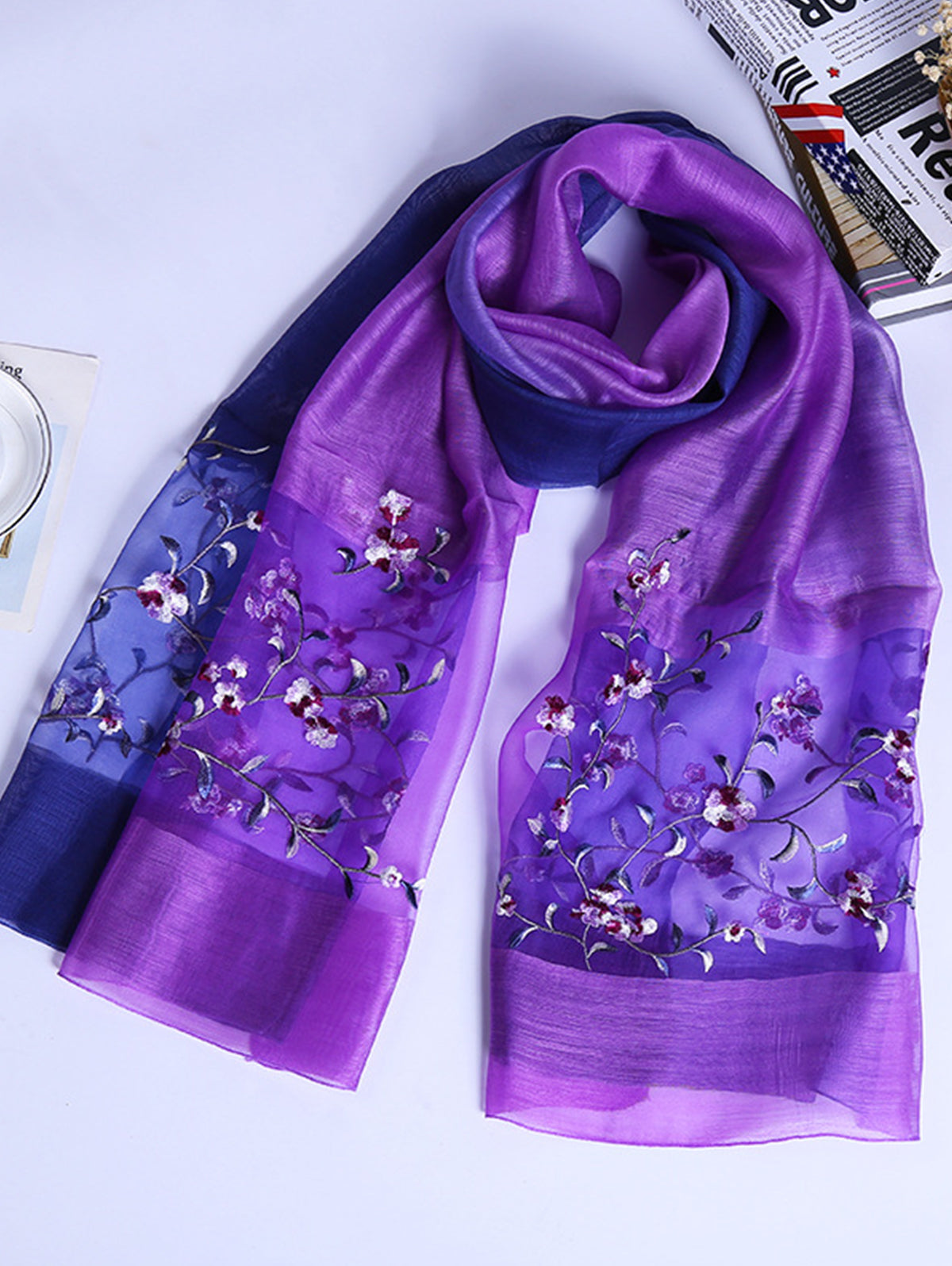 Daily Silk Gradient Floral Embroidery Rectangular Scarf