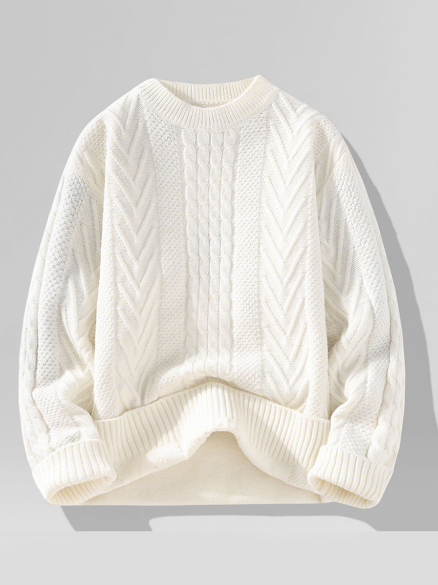 Casual White Oversized Cable Knit Crew Neck Long Sleeve Sweater