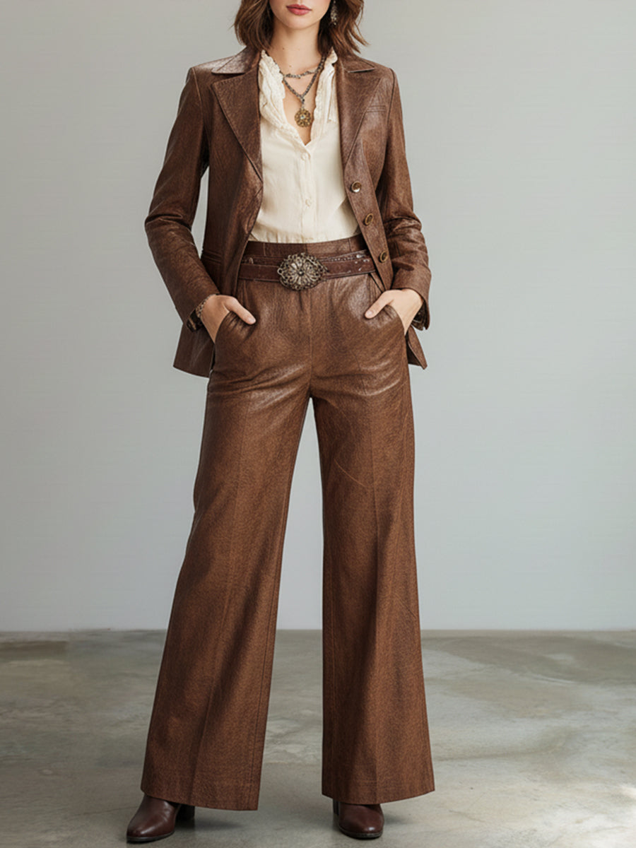 Ursiime Business Casual Brown Turndown Collar Long Sleeve Pocket Western PU Leather Two Piece Pant Suits [Pre-Order]