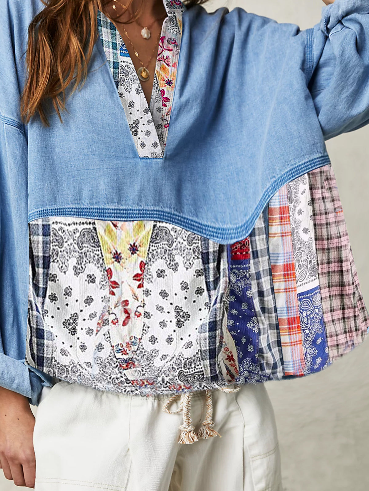 Ursiime Casual Denim Patchwork Half Placket Loose Blouse