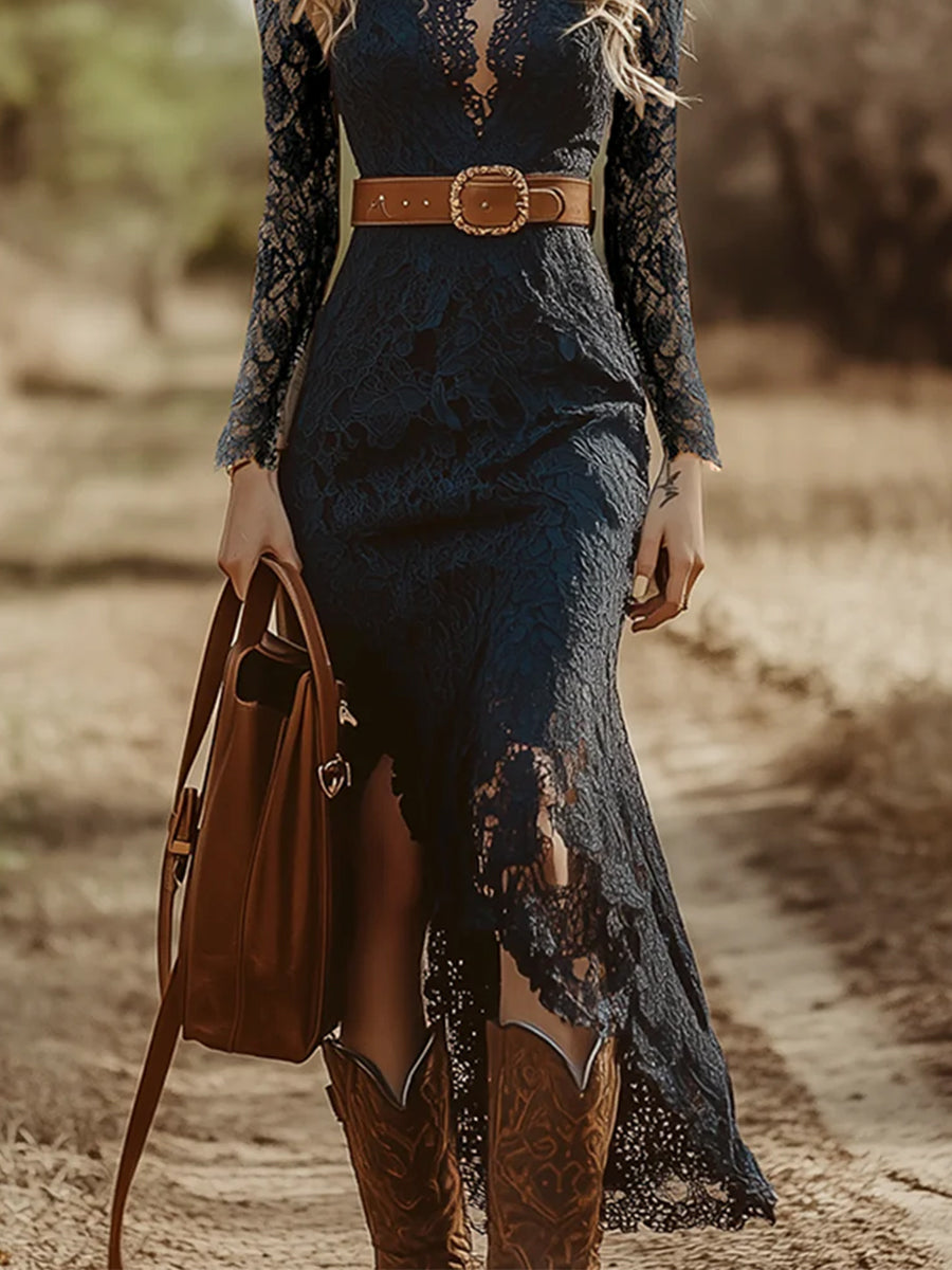 Western Lace Deep V Neck Long Sleeve Slit Midi Dress