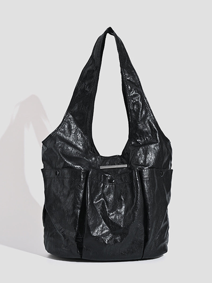 Fashion Black Crinkled PU Leather Multiple Pockets Magnetic Snap Tote Bag