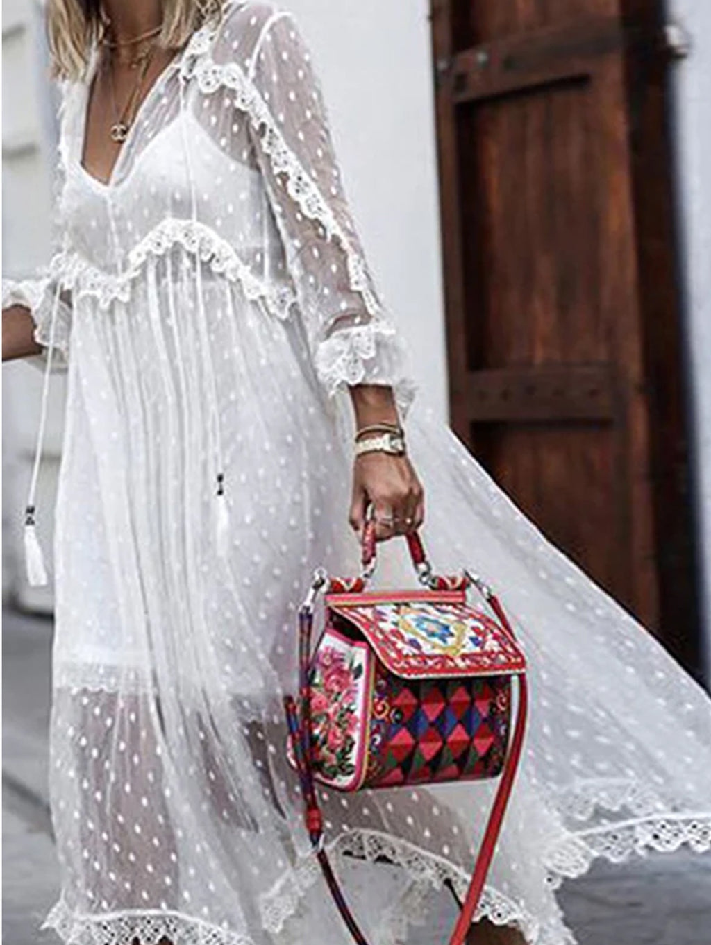 Polka Dot Jacquard See-through V Neck Maxi Dress