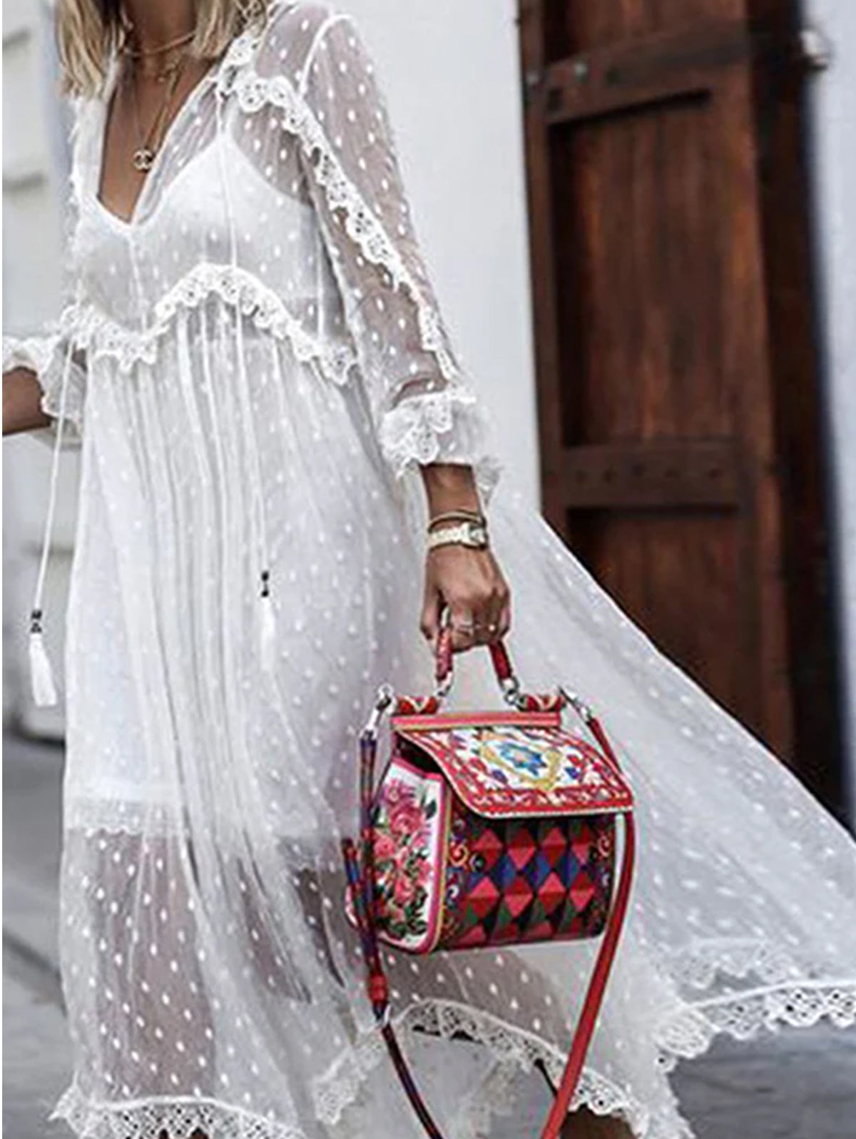 Polka Dot Jacquard See-through V Neck Maxi Dress