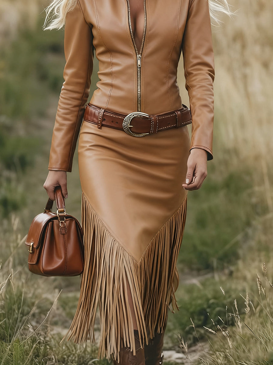 Ursiime Daily Brown Shirt Collar Long Sleeve Strappy Western Zipper PU Leather Midi Dresses [Pre-Order]