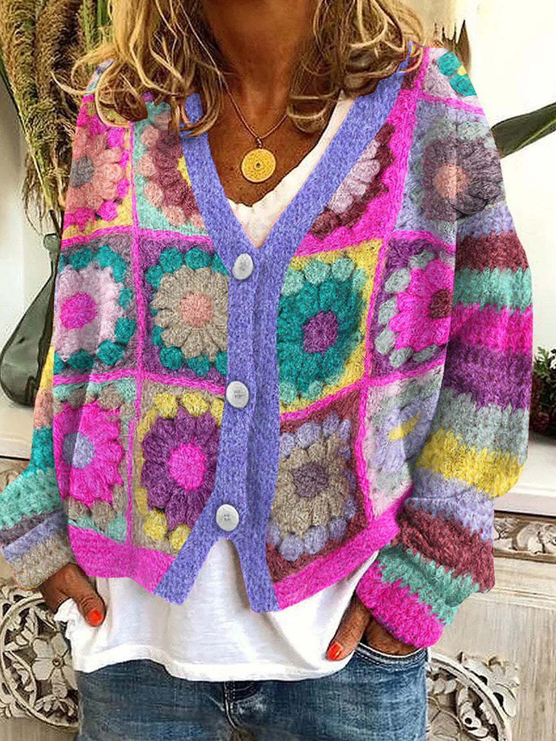 Casual Floral Pattern Three Button Knit Sweater Cardigan
