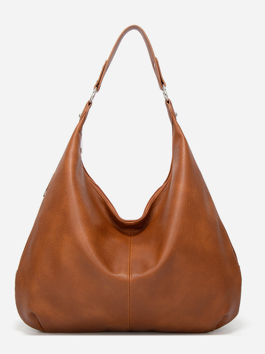 Casual Brown PU Leather Adjustable Strap Side Zip Pocket Hobo Bag