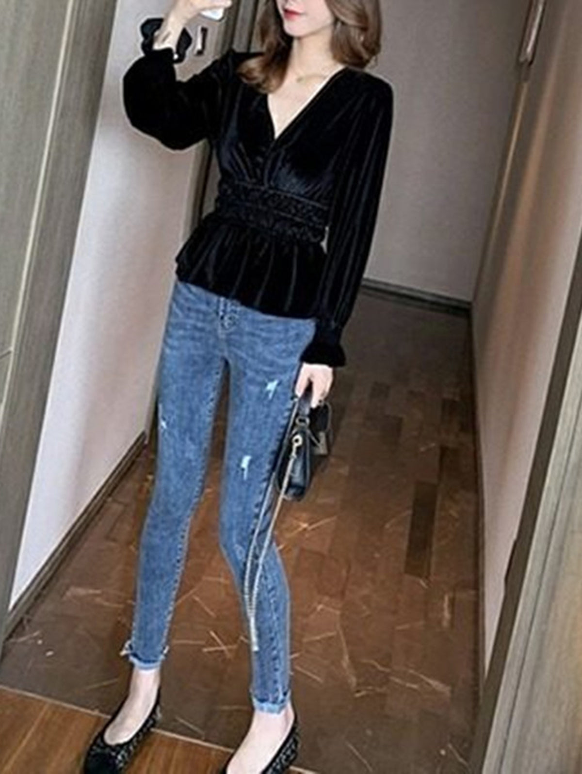 Elegant V Neck Long Sleeve Ruffle Peplum Velvet Blouse