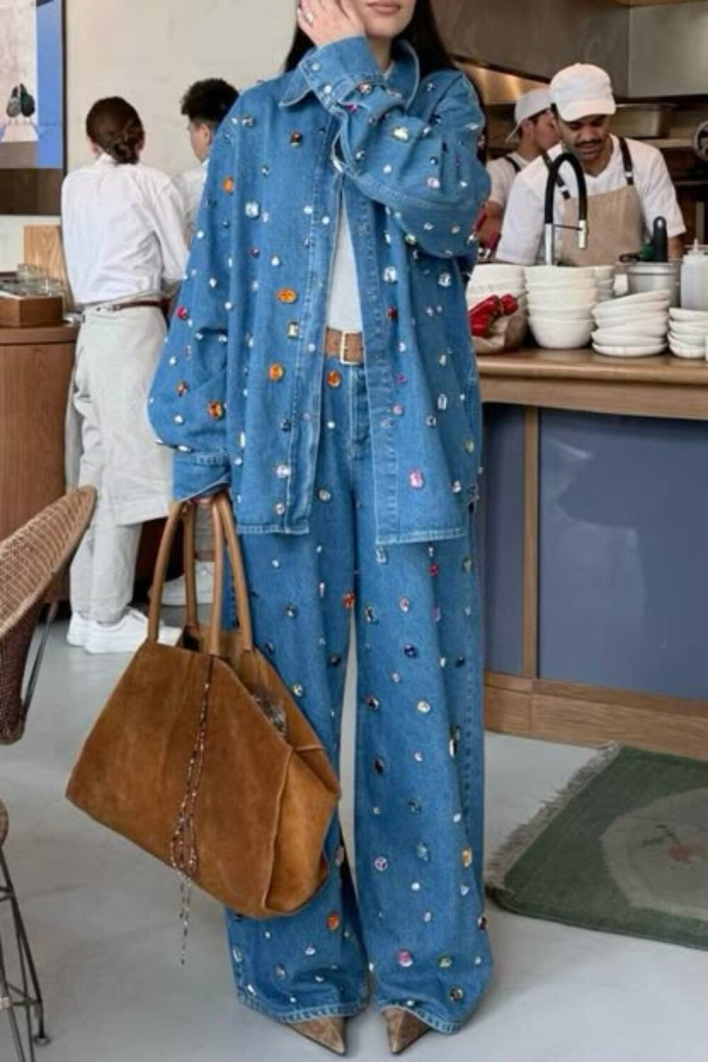 Ursiime Design Party Blue Shirt Collar Long Sleeve Drilling Casual Denim Jacket [Pre-Order]