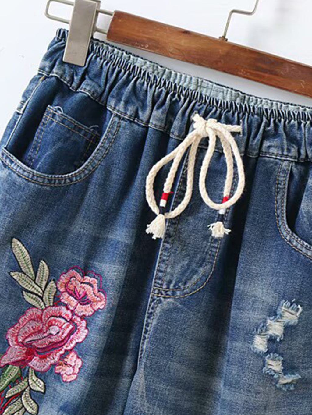 Denim Floral Embroidery Drawstring Pocket Ripped Jeans