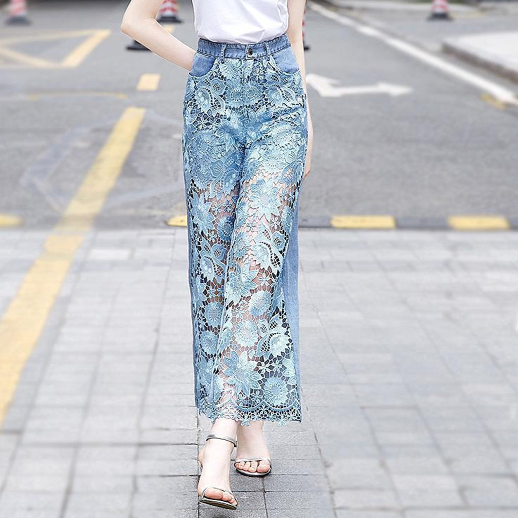 Casual Floral Lace Patchwork Hollow Out Straight Denim Jeans