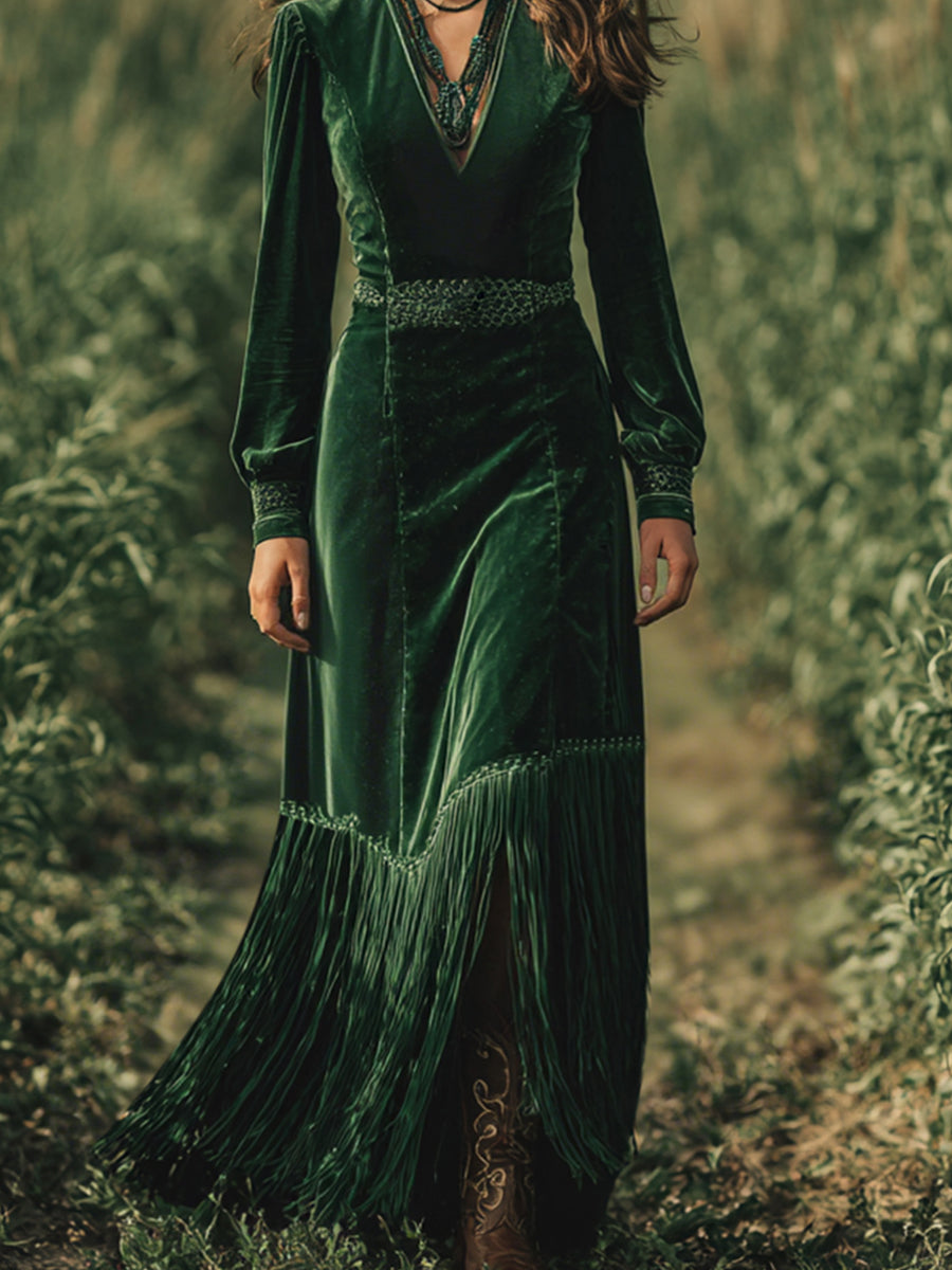 Ursiime Boho V Neck Long Sleeve Fringe Hem Velvet Maxi Dress
