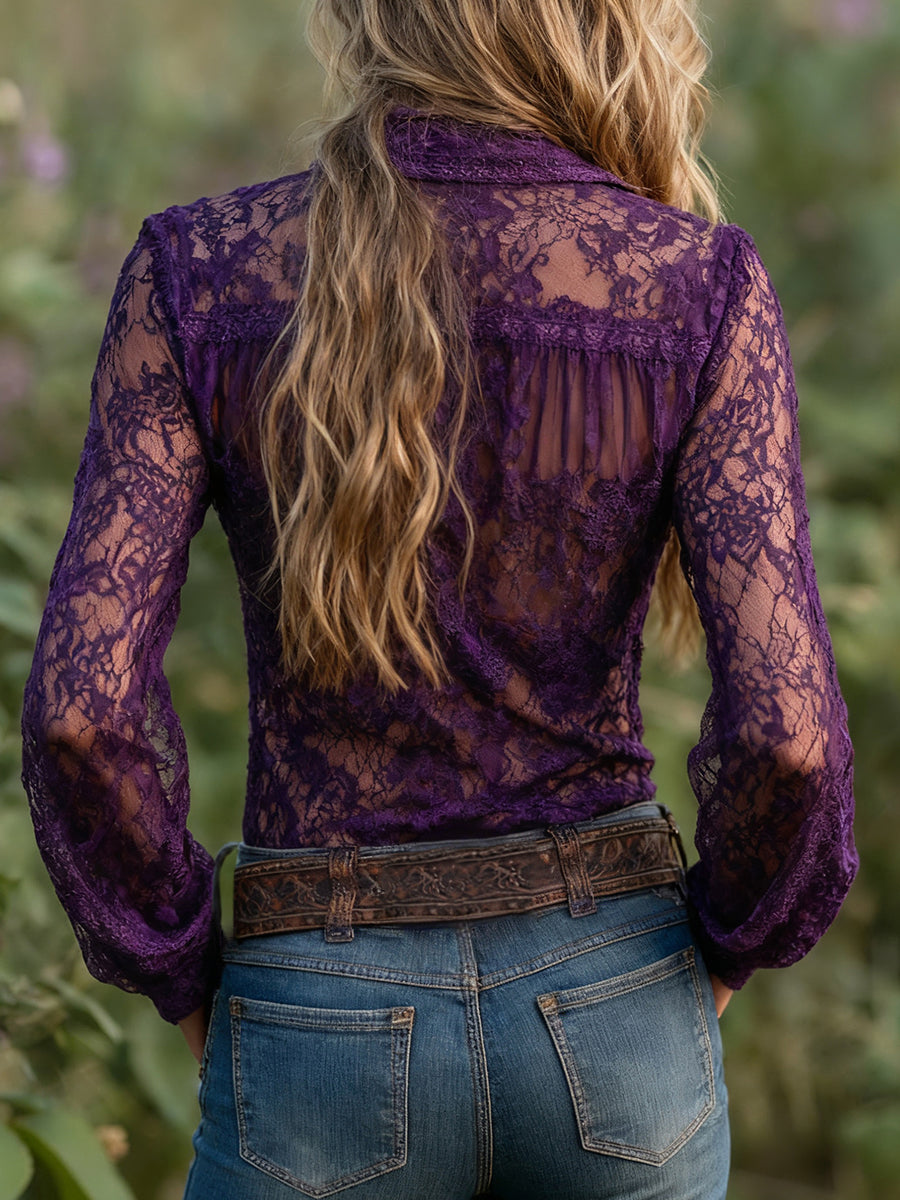 Ursiime Boho Grape See-Through Lace Long Sleeve Button Blouse