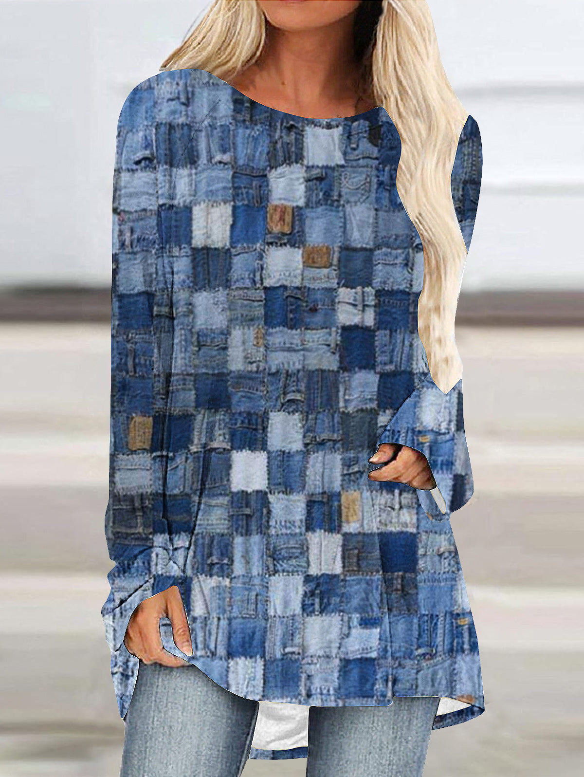 Crew Neck Long Sleeve Denim Pattern Mid-length Blouse