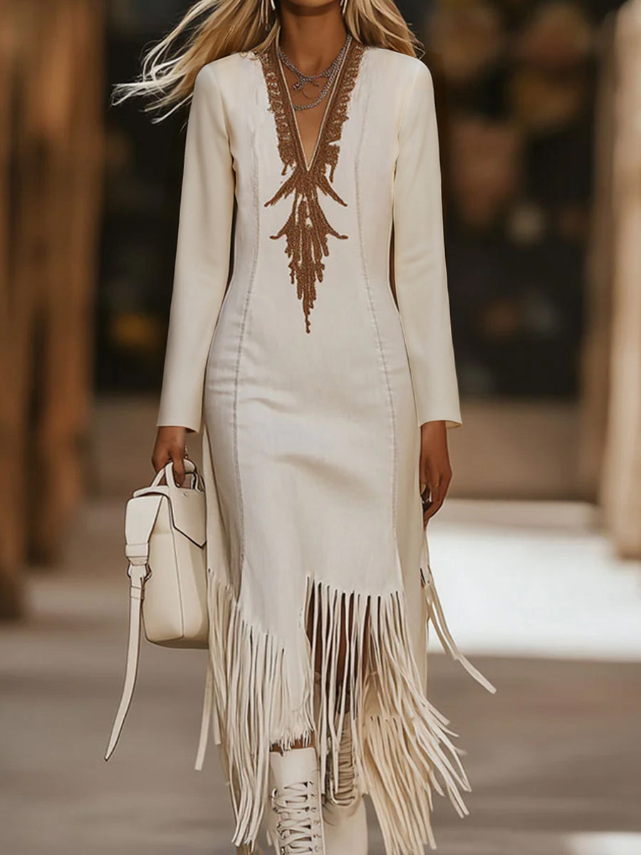 Ursiime White Deep V Neck Printed Long Sleeve Asymmetrical Fringe Hem Maxi Dress