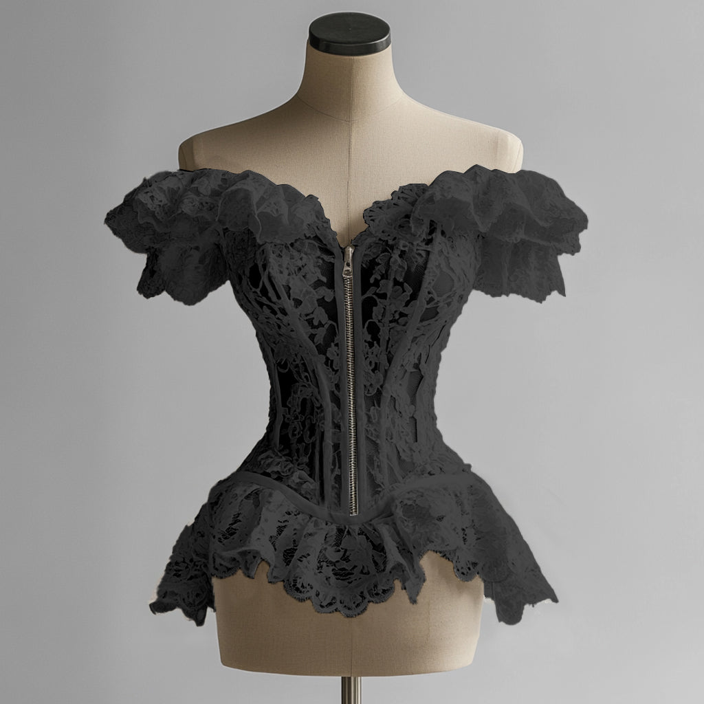 Ursiime Lace Ruffle Off Shoulder Zip Up Blouse