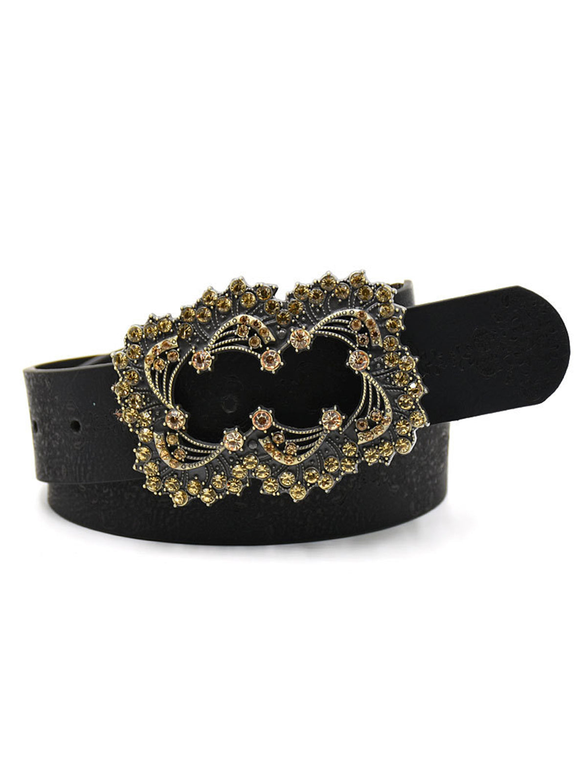 Retro Rhinestone Floral Buckle PU leather Belt