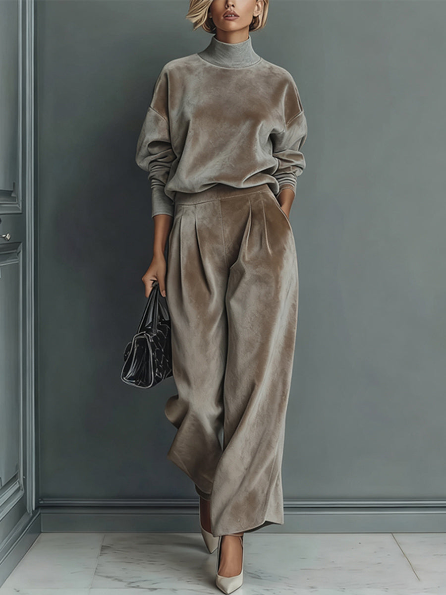Ursiime Daily Grey High Collar Long Sleeve Pocket Casual Velvet Two Piece Pant Sets [Pre-Order]