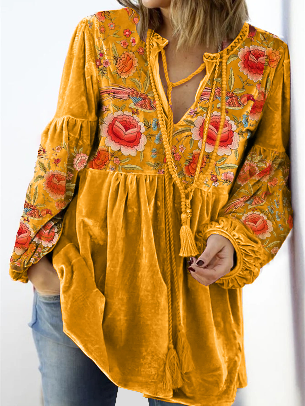 Ursiime V Neck Tie Front Gathered Floral Top