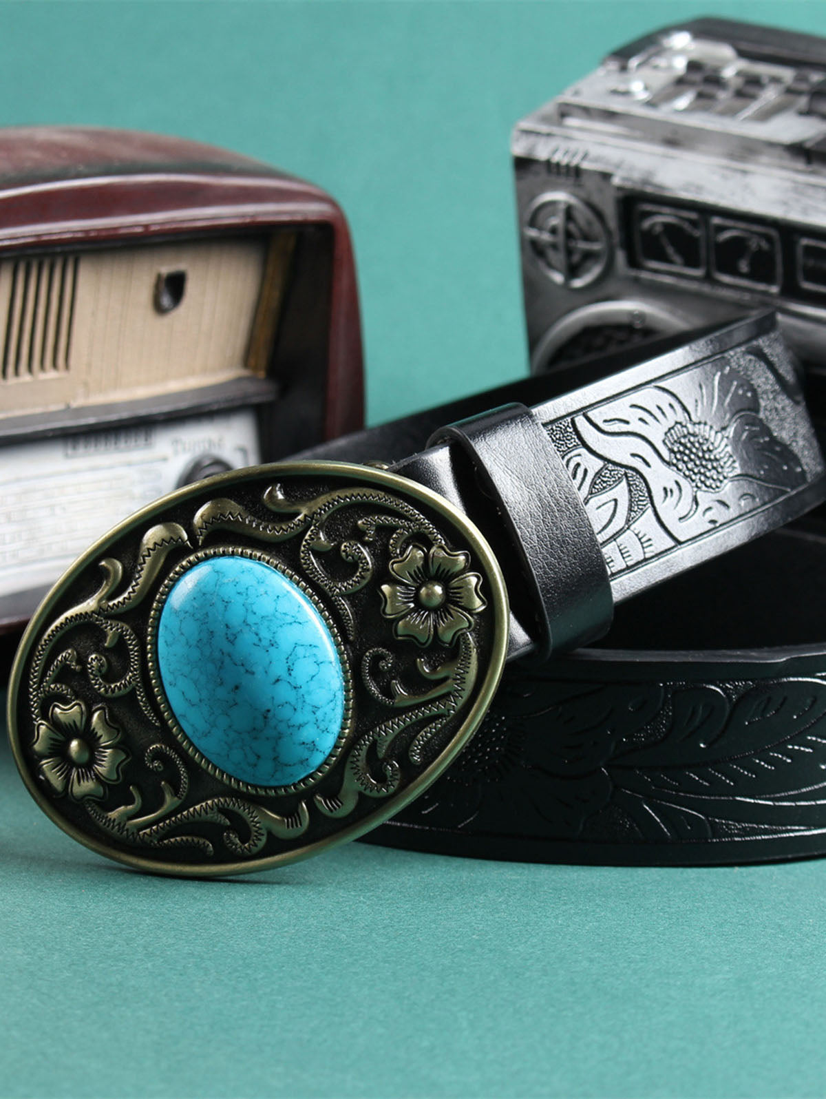 Retro Resin Imitation Gemstone Embossed Belt