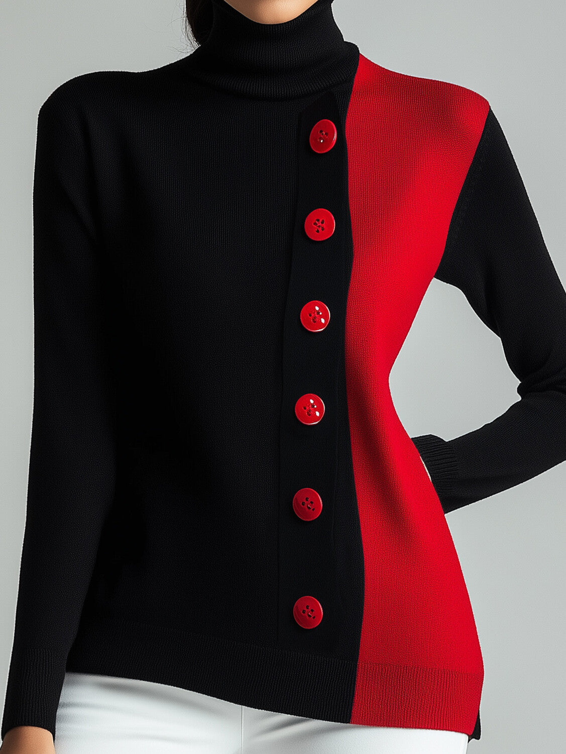 Ursiime Colorblock Button Long Sleeve Turtleneck Sweater