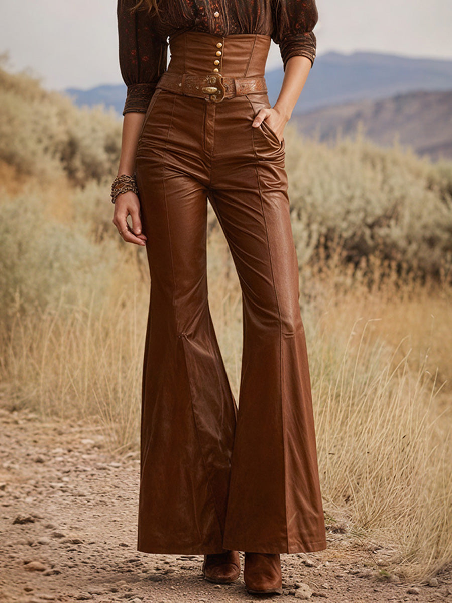 Ursiime Daily Brown Pocket Casual PU Leather Pants