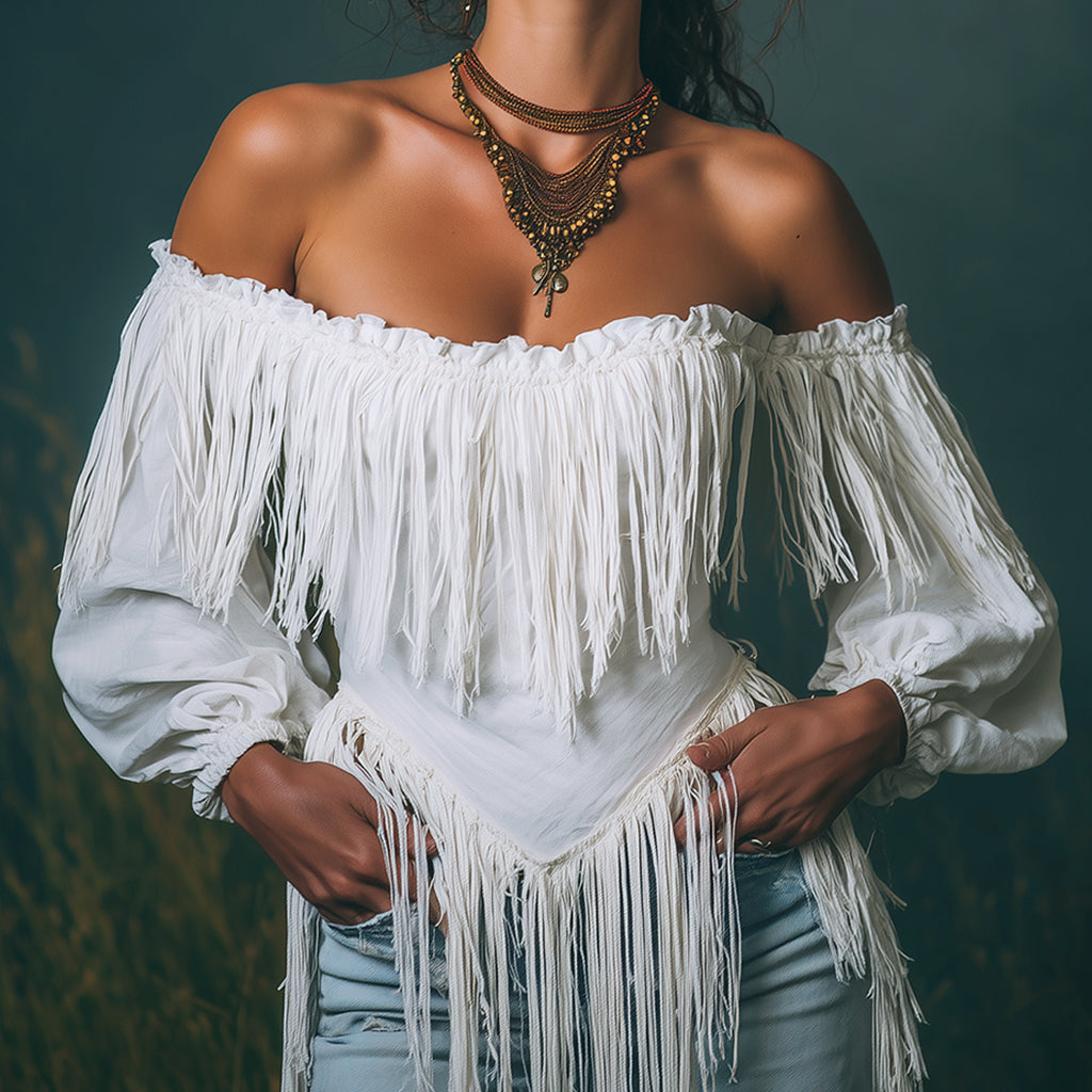 Ursiime Ruffle Off Shoulder Irregular Fringe Lantern Sleeve Blouse