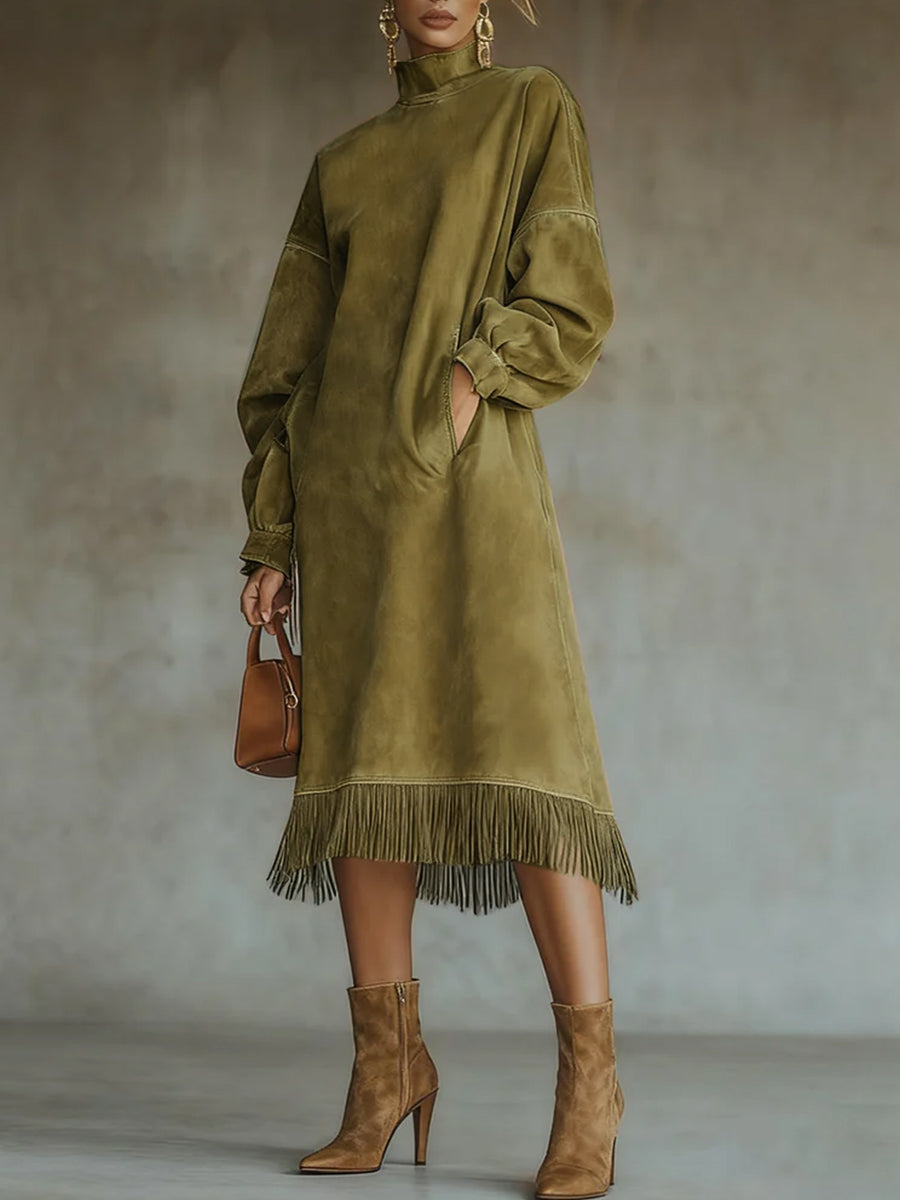 Ursiime Festival Brown High Collar Long Sleeve Strappy Vintage Pocket Chamois Midi Dresses
