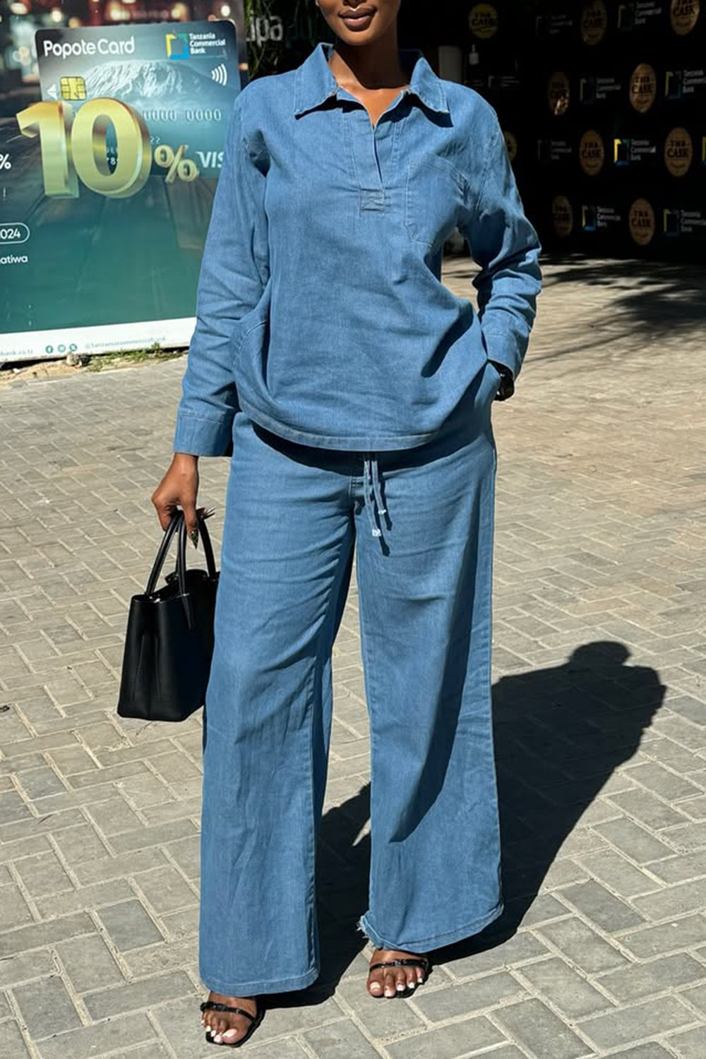 Ursiime Design Business Casual Blue Shirt Collar Long Sleeve Pocket Casual Tencel Denim Two Piece Pant Sets [Pre-Order]