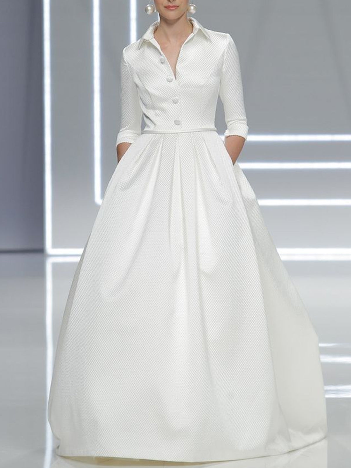 Elegant Solid Color Pockets Turndown Collar Maxi Dress