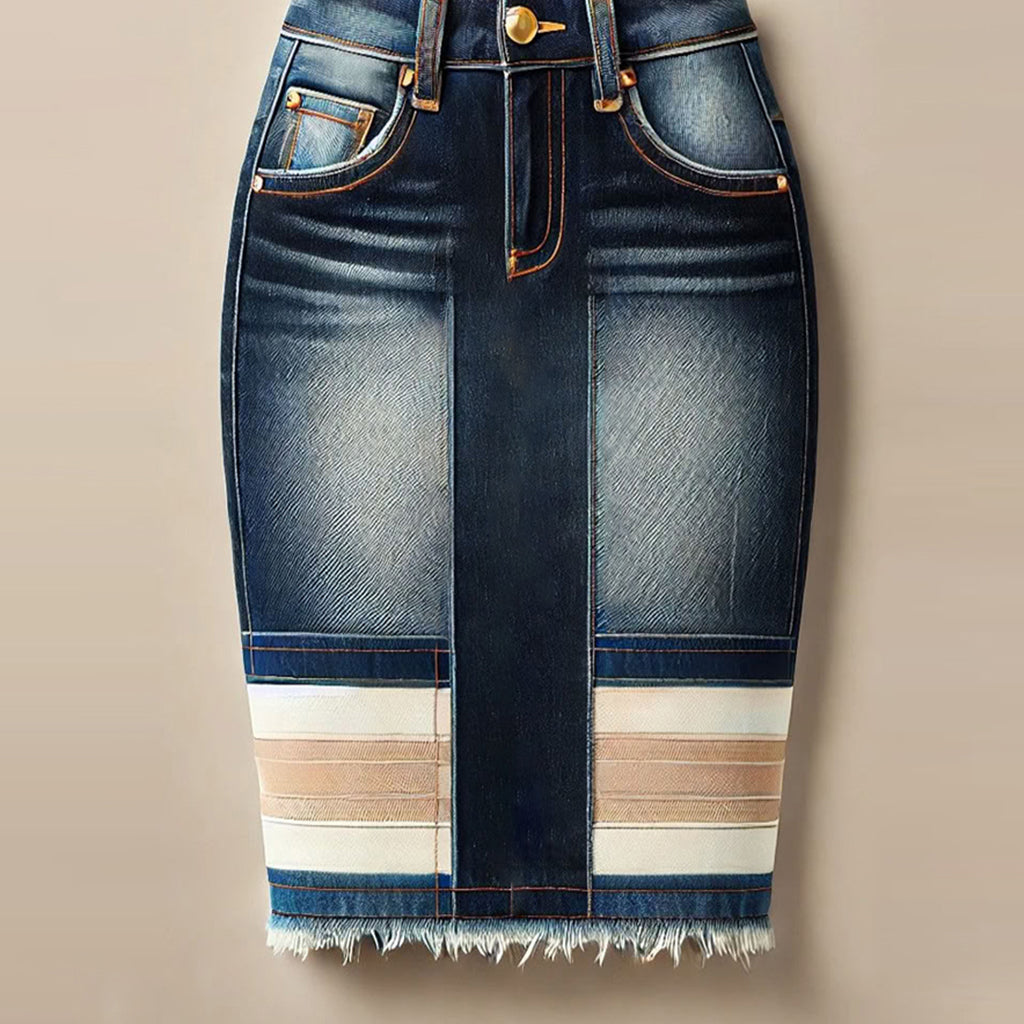 Ursiime High Rise Contrast Striped Denim Raw Edge Midi Skirt