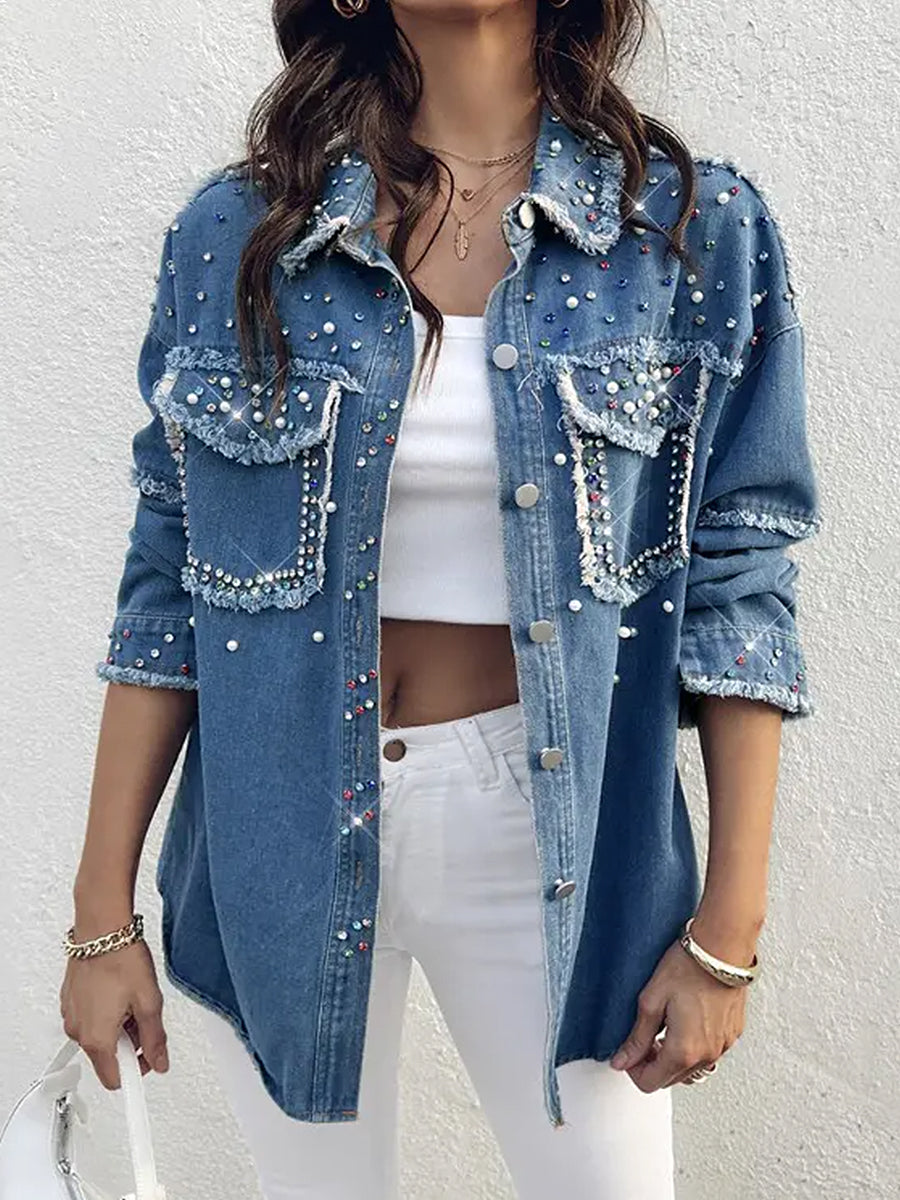 Casual Blue Denim Rhinestone Beaded Raw Edge Flap Pocket Long Sleeve Jacket