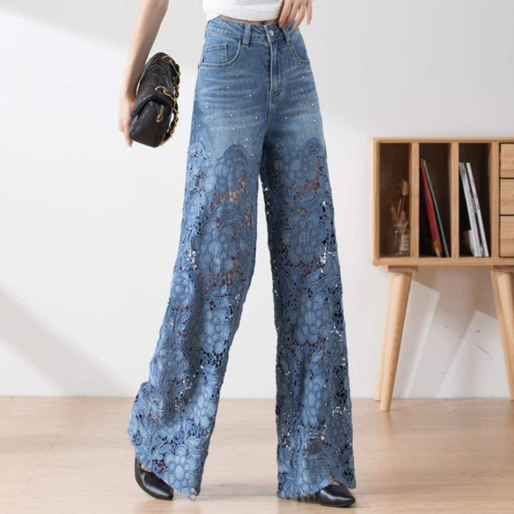 Casual Floral Lace Patchwork Hollow Out Straight Denim Jeans