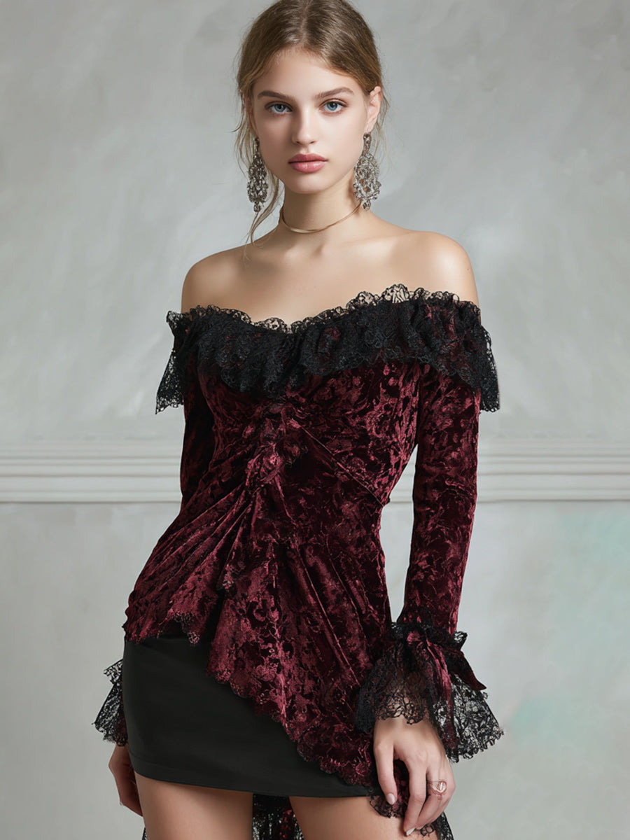 Ursiime Party Lace Burgundy Off The Shoulder Long Sleeve Contrast Velvet Blouses