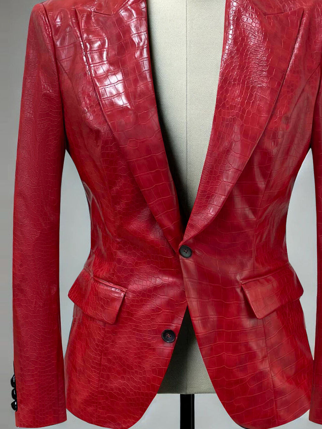 Ursiime PU Leather Crocodile Pattern Peak Lapel Two Button Blazer