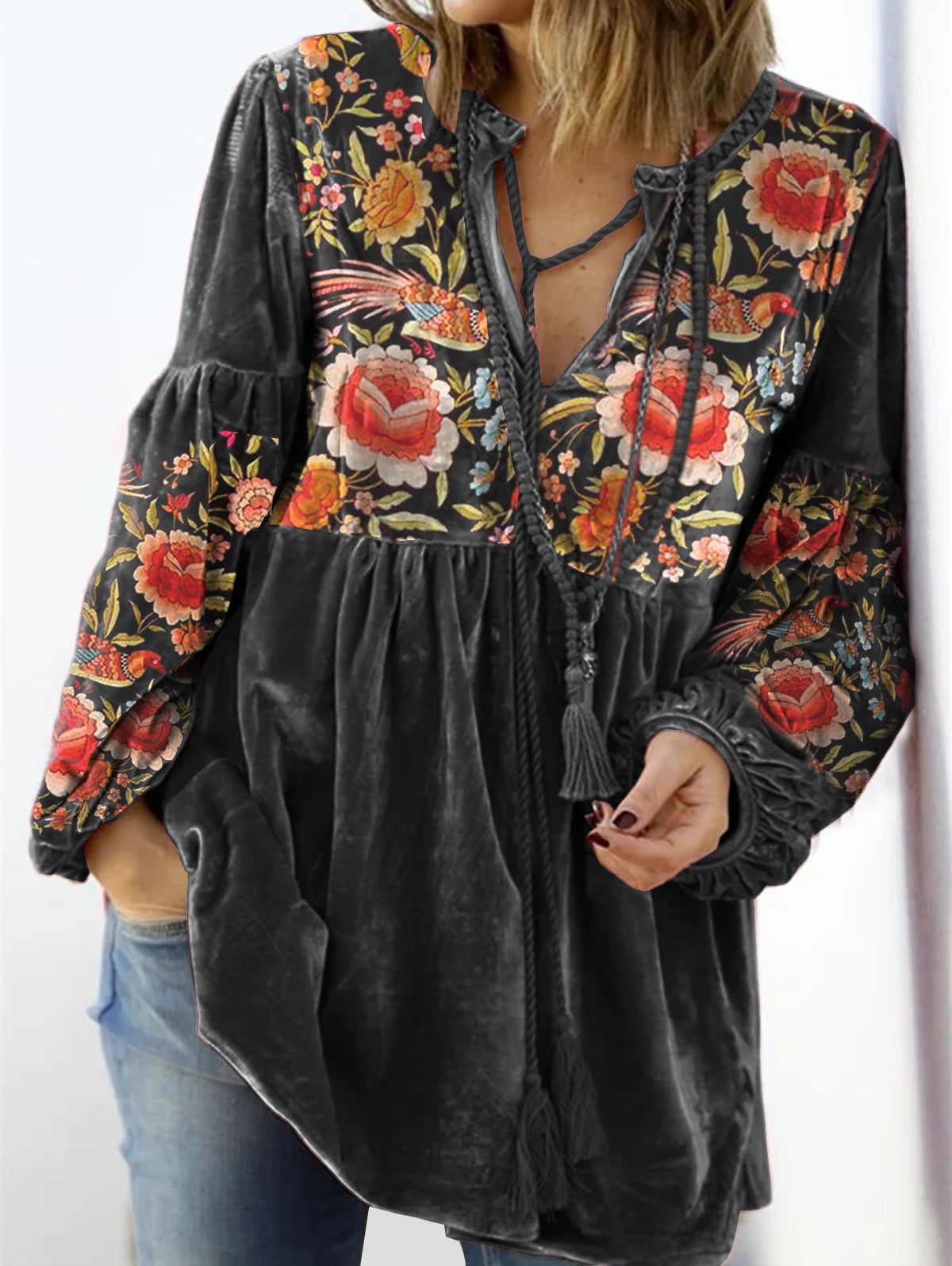 Ursiime V Neck Tie Front Gathered Floral Top