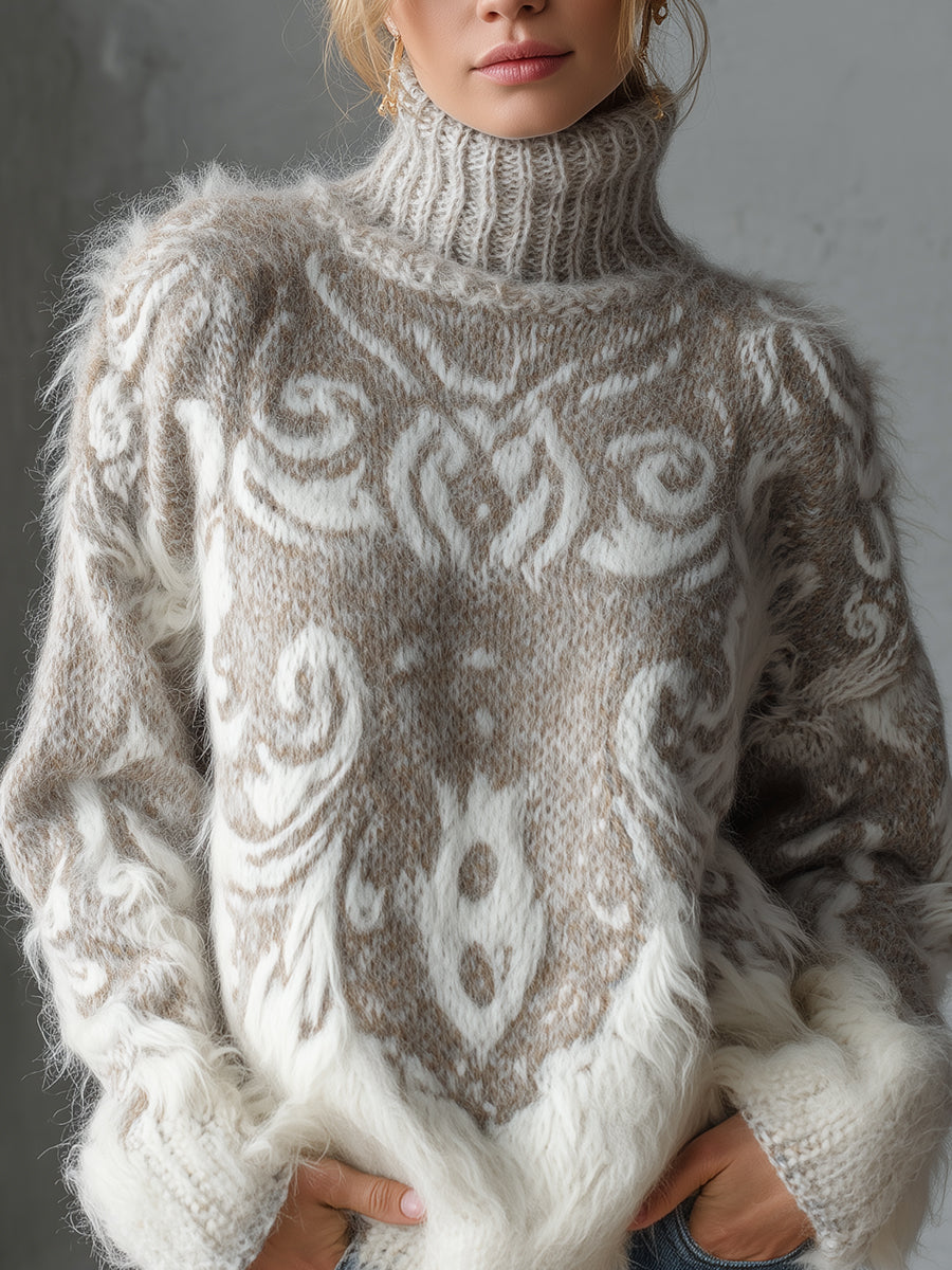 Ursiime Gray Turtleneck Long Sleeve Patterned Fuzzy Knit Sweater