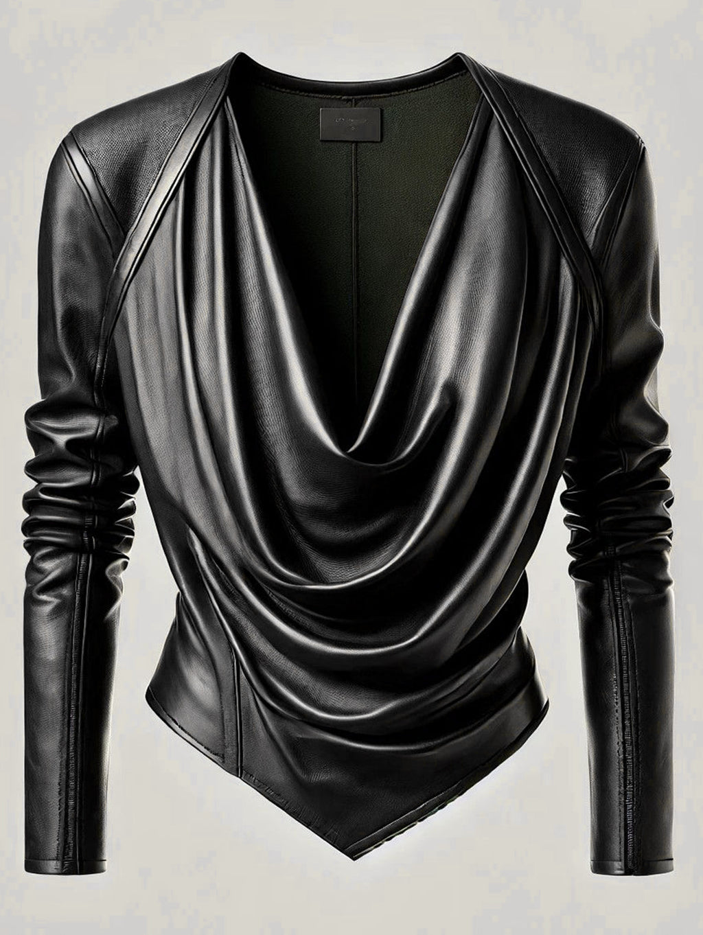 Ursiime Cowl V Neck PU Leather Long Sleeve Blouse