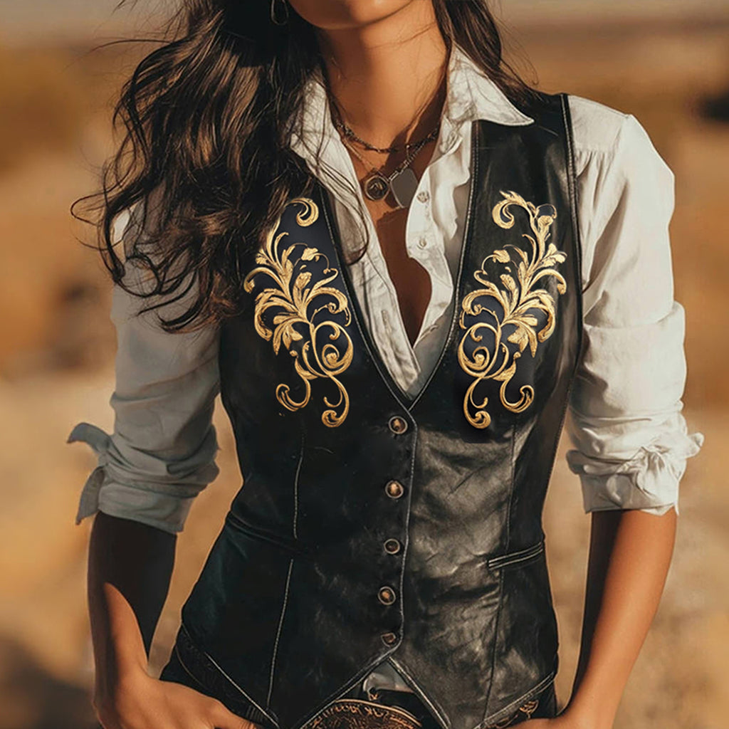 Ursiime Western PU Leather Gold Floral Pattern Single Breasted Vest