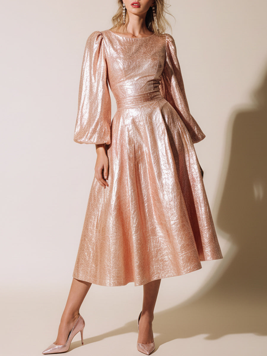 Ursiime Daily Pink Round Neck Puff Sleeve Long Sleeve Pocket Casual Metallic Midi Dresses [Pre-Order]