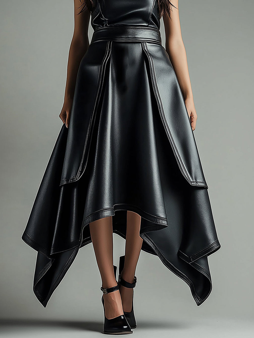 Ursiime PU Leather Layered Irregular Hem Maxi Skirt