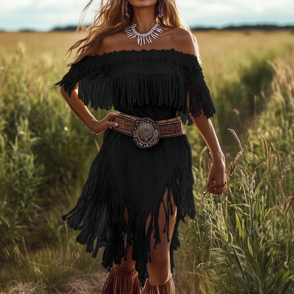 Ursiime Off The Shoulder Fringe Irregular Hem Midi Dress