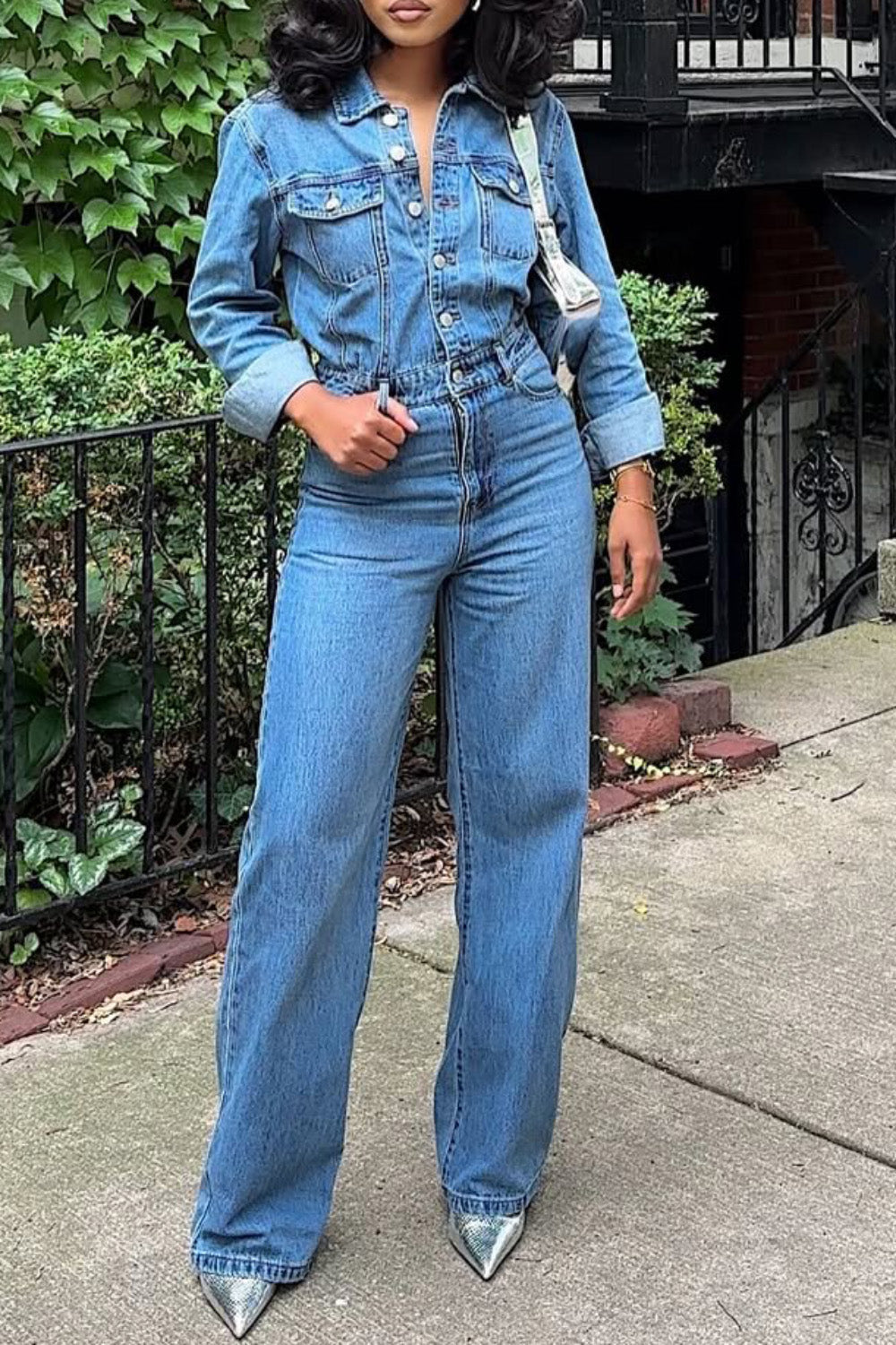 Ursiime Design Business Casual Blue Shirt Collar Long Sleeve Pocket Elegant Denim Jumpsuits [Pre-Order]