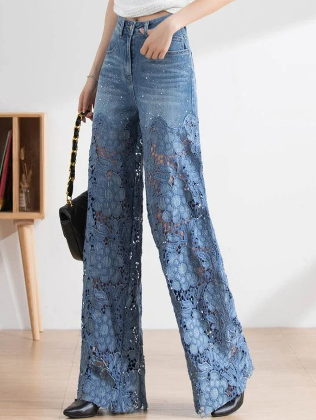Fashion Rhinestone Denim Lace Patchwork High Waist Straight Leg Jeans
