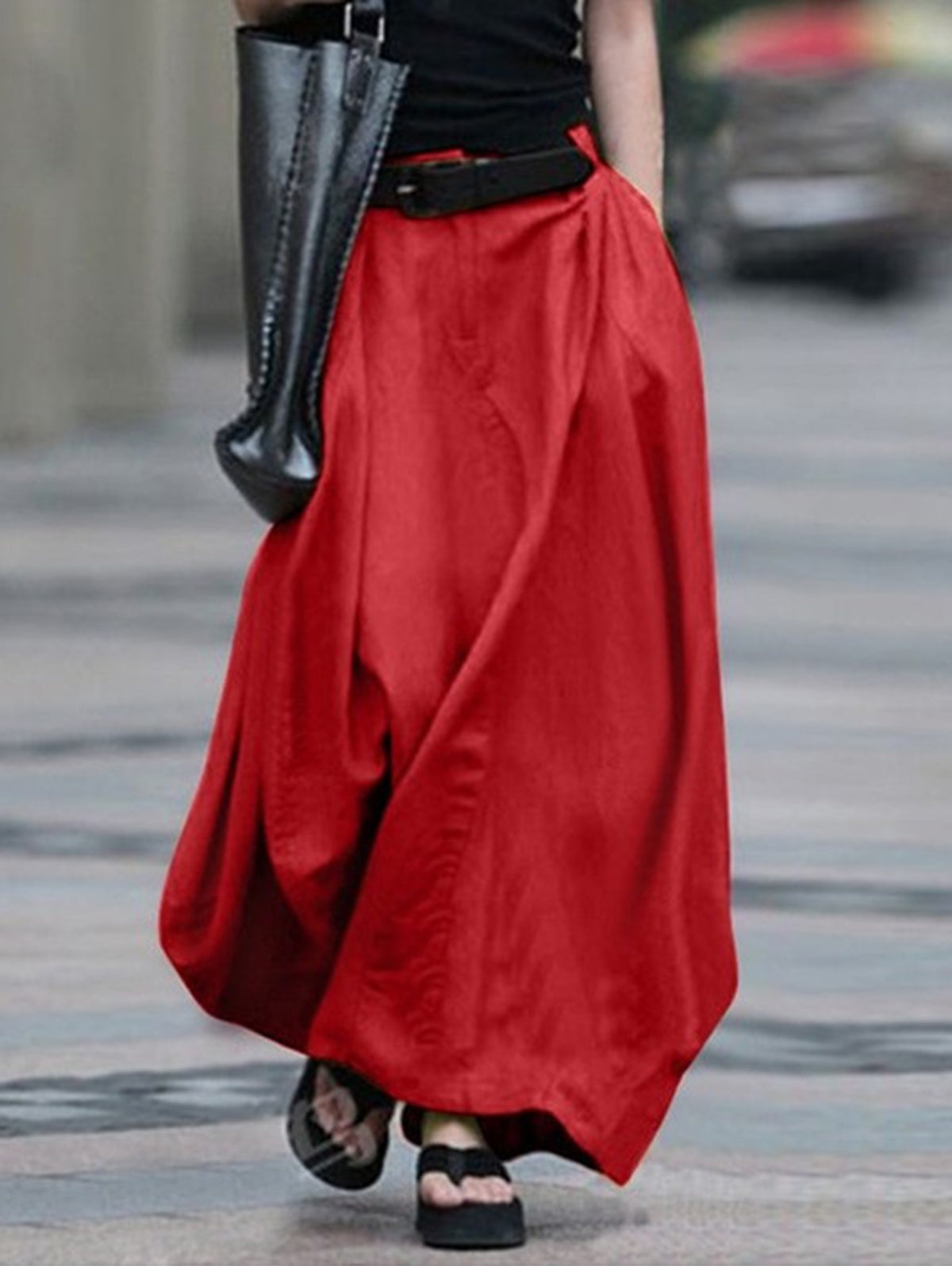 Casual Loose Pocket Solid Color Maxi Skirt