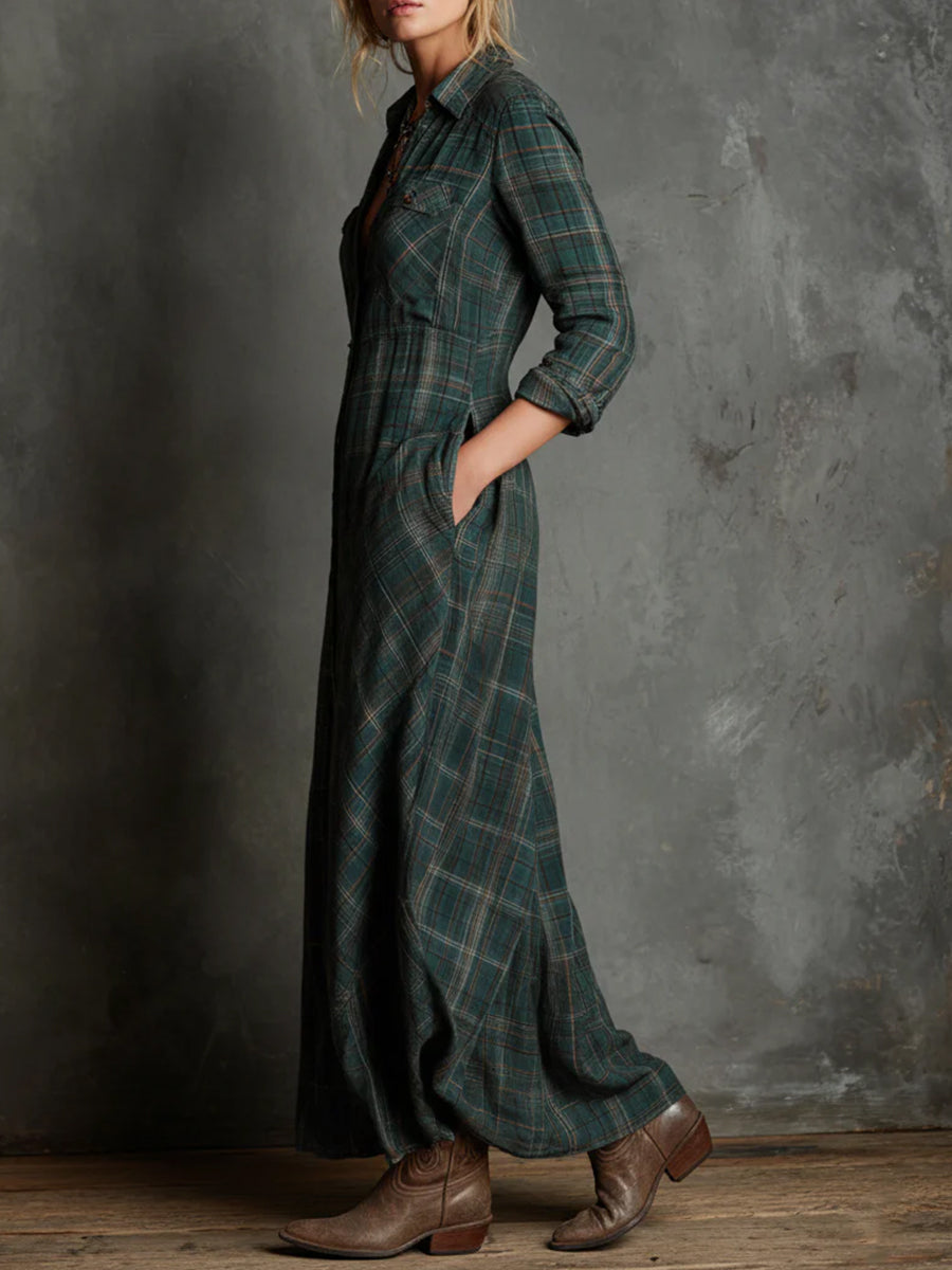 Casual Dark Green Plaid Shirt Collar Long Sleeve Button Pocket Maxi Dress