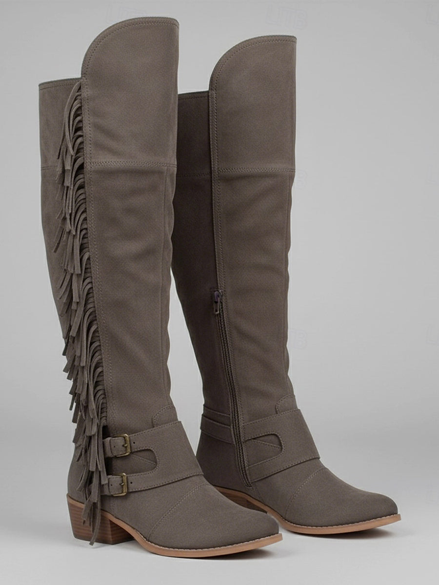 Western Brown Suede Double Buckle Straps Fringe Over-The-Knee Boots