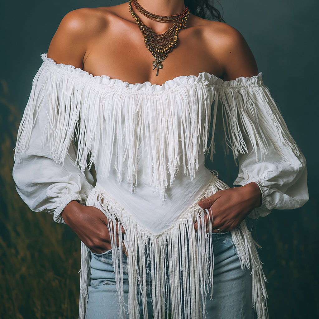 Ursiime Ruffle Off Shoulder Irregular Fringe Lantern Sleeve Blouse